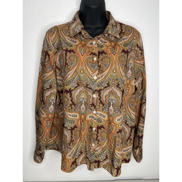 Lands End Blouse Shirt Paisley Button No Iron Supima Women’s Size 14P - Picture 1 of 9